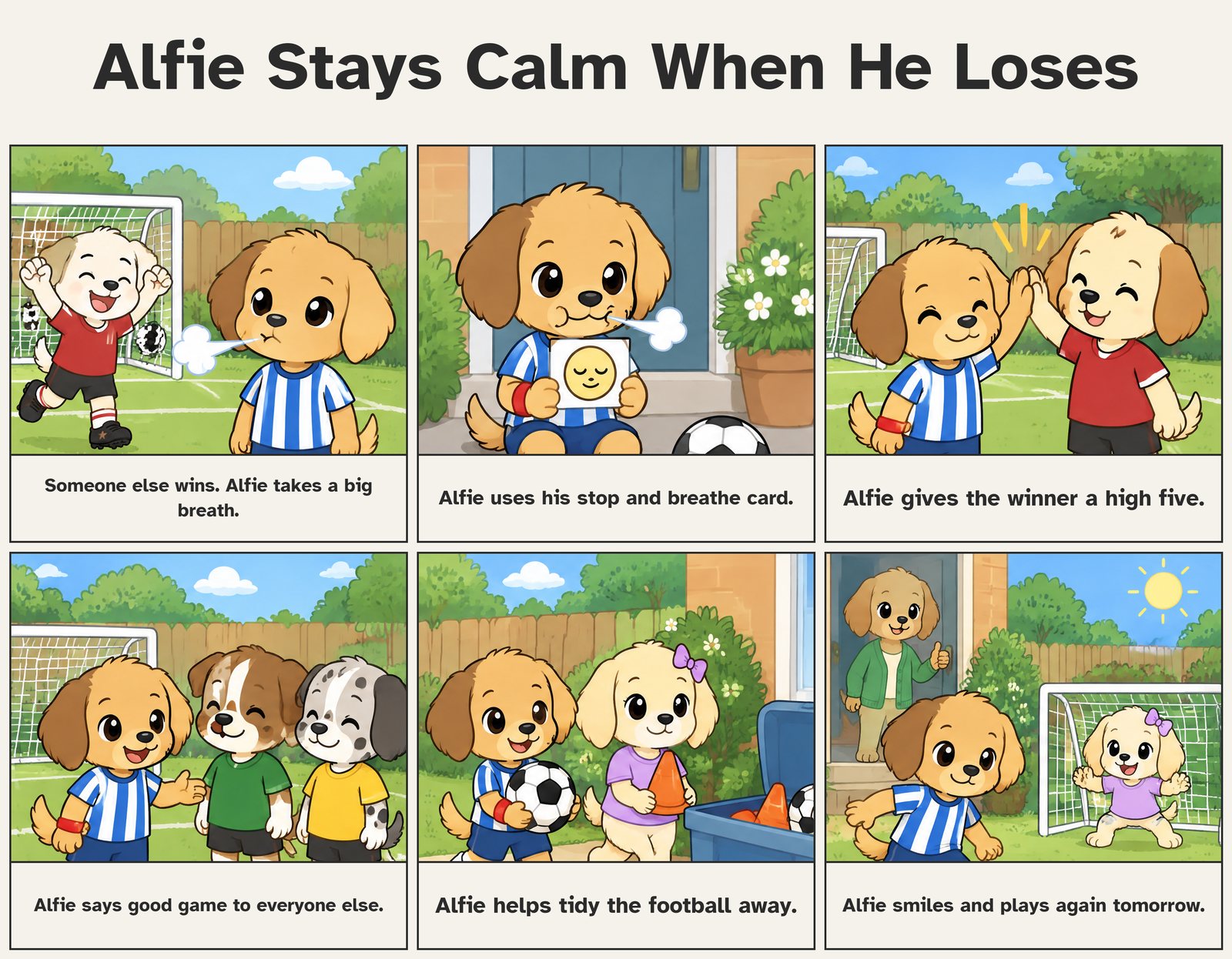 A six-panel illustrated social story titled 'Alfie Stays Calm When He Loses', drawn with puppy characters in football kits. Panels: someone else wins and Alfie takes a big breath; Alfie uses his stop and breathe card; Alfie gives the winner a high five; Alfie says good game to everyone else; Alfie helps tidy the football away; Alfie smiles and plays again tomorrow.
